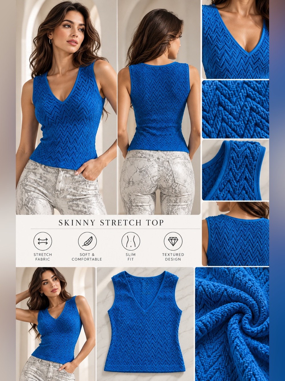 Cobalt Blue Textured V-Neck Fitted Stretch Top